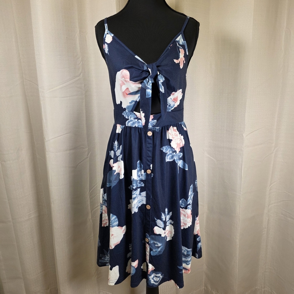 Navy Floral Bow Front Midi Dress Cutout Button Front Size M